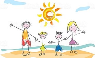 Imagem em desenho animado de pais a brincar com filhos na praia num dia de sol