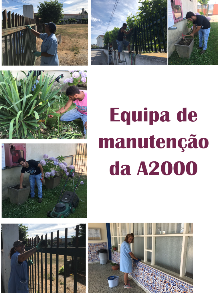 Colaboradores da equipa de manutenção da A2000 trabalham nos espaços exteriores do edifício da sede da A2000