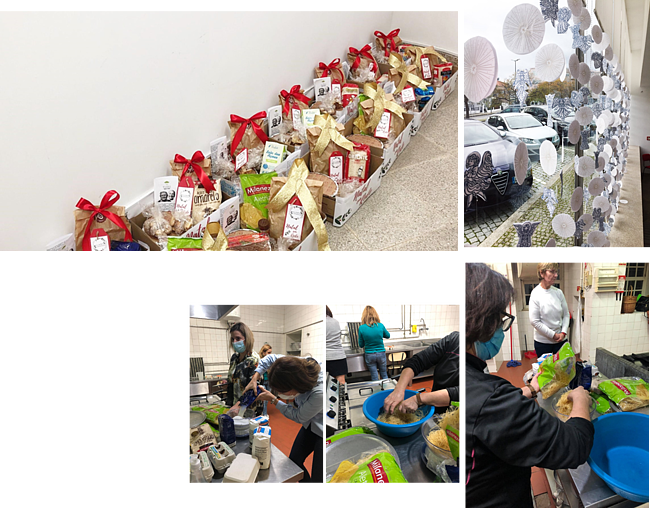 Alimentos doados e confeção de pratos com os mesmos; decorações de Natal