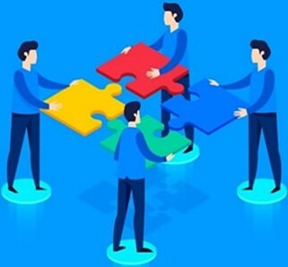 Imagem animada que ilustra quatro homens, com uma peça de puzzle cada um, e que tentam encaixar as quatro peças para que o puzzle fique completo