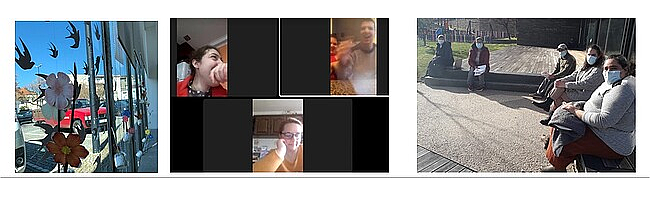 Três fotos diferentes, uma com as decorações primaveris do CLDS, outra numa sessão online e outra com clientes sentados num espaço público