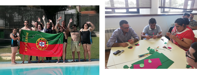 Clientes da A2000 na piscina com a bandeira de Portugal, e em sala a fazer trabalhos manuais