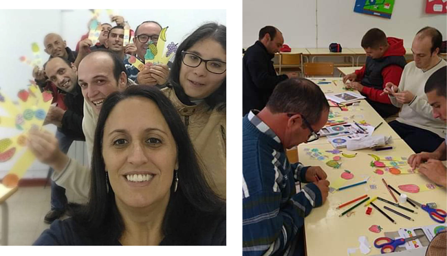 Formadora e formandos em sala a fazer trabalhos manuais