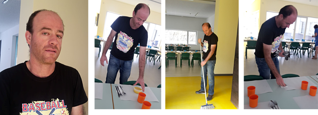 Formando Jorge Correia prepara a mesa das refeições e varre o chão