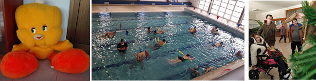 Imagens da mascote do CAARPD e de atividades na piscina