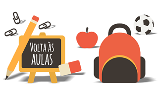 Imagem em forma de desenho animado com mochila, quadro, lápis de escrever, uma maçã e uma bola de futebol
