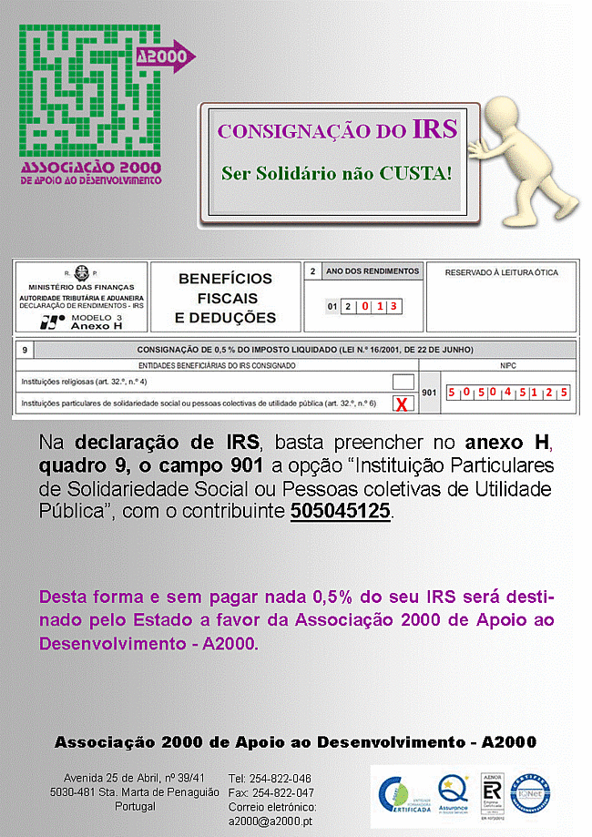 Cartaz de pedido de consignação do IRS à A2000
